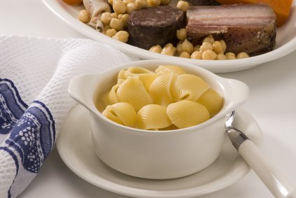 Spanish cuisine. Soup with meat of the pot.